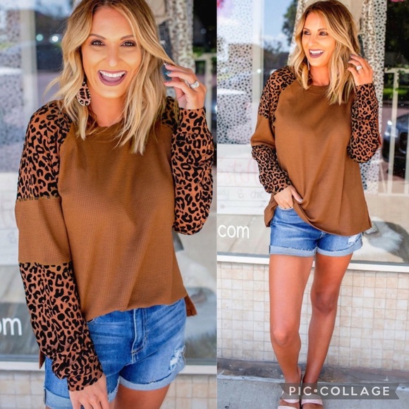 Tops - LEOPARD Print Accent Brown Waffle Long Sleeve Top